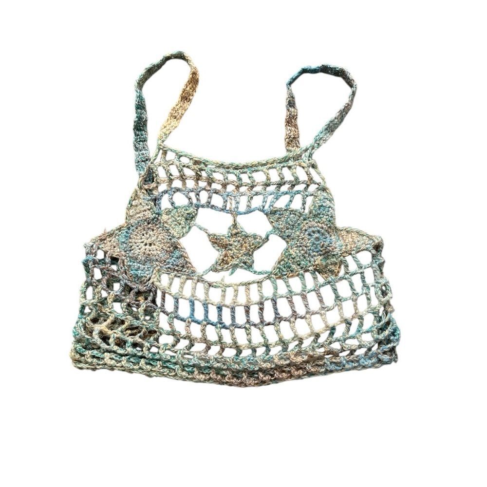 Crochet Knit Star Pattern Crop Tank Top Swim Cover Multicolor Blue Yellow